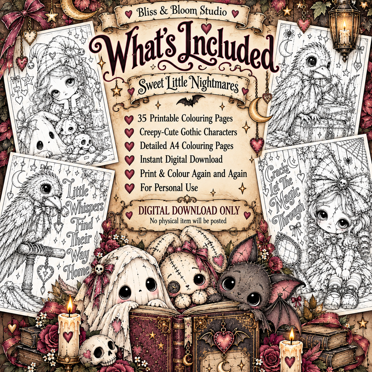 Sweet Little Nightmares – 30 Printable Gothic Cute Colouring Pages | Digital Download